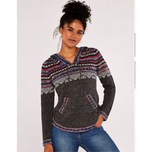 Apricot Aztec Hooded Fair Isle Jumper Knit Boho Sweater Top with pockets. Size L